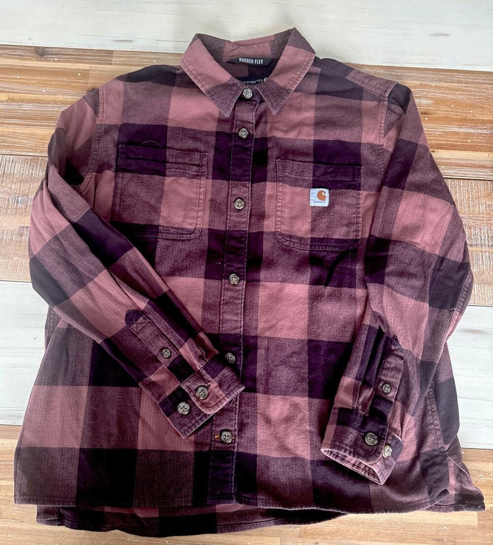 Carhartt Women’s Flannel Shirt Large Loose Fit Plaid Red Black Button Up